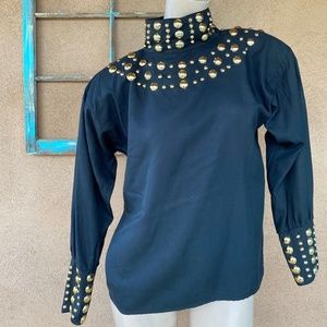 1980s Black Studded Blouse 80s Embellished Oversized Style Sz S M